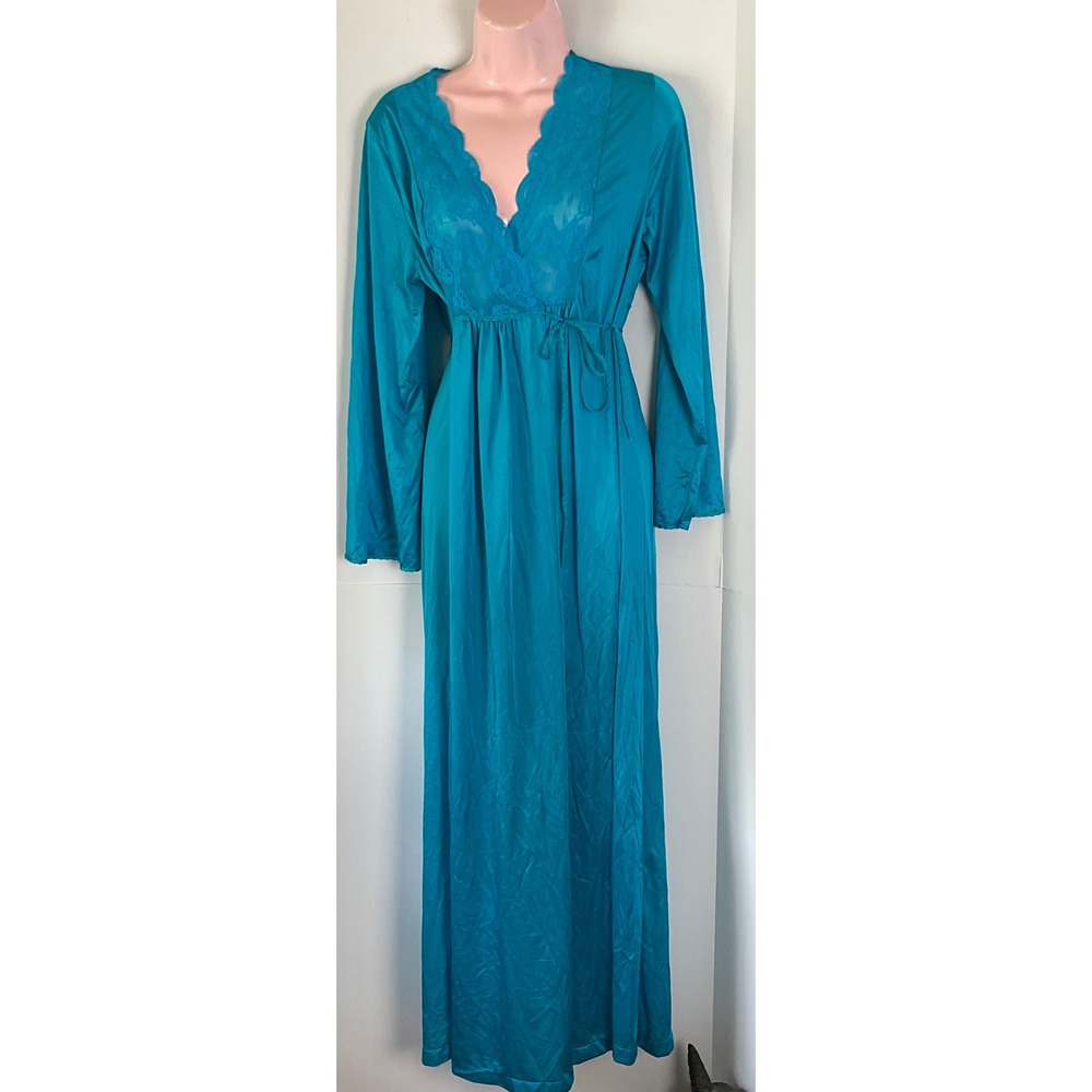 Vintage Gilead Teal Blue Lace Trim Maxi Nightgown Empire Waist USA Made Medium